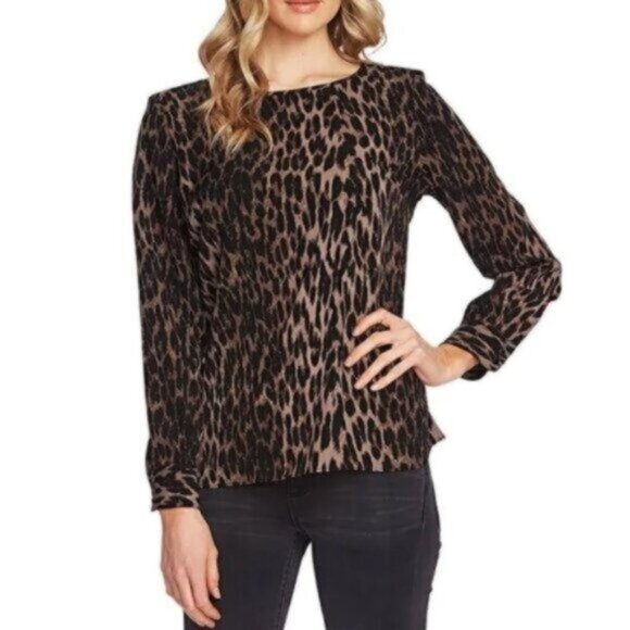Vince Camuto Brown & Black Cheetah Animal Print Work Blouse Large - Picture 1 of 7